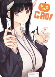 Rule 34 | 1girl, absurdres, black eyes, black hair, blunt bangs, breasts, demon tail, highres, horns, id card, jack-o&#039;-lantern, jacket, lanyard, large breasts, long hair, looking at viewer, office lady, open clothes, open jacket, original, ponytail, rucchiifu, shirt, simple background, solo, tail, upper body, white background, white shirt