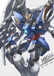 Rule 34 | absurdres, blue eyes, commentary, dated, english commentary, glowing, glowing eye, grey background, gundam, gundam wing, gundam wing endless waltz, happy birthday, highres, jellen squish, looking down, mecha, mechanical wings, mobile suit, no humans, open hand, robot, solo, v-fin, wing gundam zero custom, wings