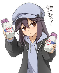 1girl black_hair black_jacket bottle brown_eyes commentary curakuru curakuru_(character) duplicate fidget_spinner grey_hat grey_hoodie hair_between_eyes hat holding holding_bottle hood hoodie incoming_drink jacket jitome long_hair looking_at_viewer milk_bottle newsboy_cap original parted_lips sidelocks simple_background solo translation_request upper_body white_background