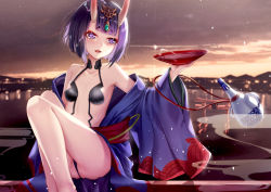 Rule 34 | 1girl, alcohol, ass, bare shoulders, blush, bob cut, bottle, breasts, collarbone, cup, eyeliner, fate/grand order, fate (series), headpiece, horns, japanese clothes, kimono, knees up, lake, long sleeves, looking to the side, makeup, off shoulder, oni, open clothes, open kimono, open mouth, purple eyes, purple hair, purple kimono, revealing clothes, sakazuki, sake, short eyebrows, short hair, shuten douji (fate), sitting, skin-covered horns, small breasts, smile, solo, thighs, torii, wide sleeves, yan (nicknikg)