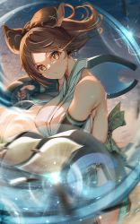 Rule 34 | 1girl, aquaplus, artist request, backless outfit, bare shoulders, blurry, breasts, brown eyes, brown hair, cleavage, closed mouth, covered erect nipples, cowboy shot, fingerless gloves, from side, gauntlets, gloves, gradient eyes, gradient hair, hair ornament, highres, hip vent, huge breasts, japanese clothes, kimono, long hair, mahomi, multicolored eyes, multicolored hair, official art, ponytail, raised eyebrows, sash, sideboob, sidelocks, sleeveless, sleeveless kimono, solo, sweat, sweatdrop, thighs, utawarerumono, utawarerumono: lost flag, weapon