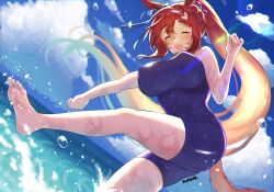 Rule 34 | 1girl, animal ears, bare shoulders, barefoot, blue one-piece swimsuit, blue sky, breasts, brown hair, closed eyes, clothing cutout, cloud, cloudy sky, commentary request, feet, foot out of frame, highres, horse ears, horse girl, horse tail, large breasts, lens flare, long hair, matuda (matudayazo), multicolored hair, ocean, one-piece swimsuit, open mouth, outdoors, ponytail, purple scrunchie, scrunchie, sky, smile, soles, solo, streaked hair, super creek (umamusume), swimsuit, tail, tail through clothes, toes, tracen swimsuit, umamusume, very long hair, water, wet