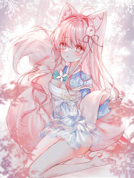 Rule 34 | 1girl, ahoge, animal ear fluff, animal ears, barefoot, blue dress, blush, breasts, cleavage, commentary request, dress, fox ears, fox girl, fox tail, hair between eyes, hair intakes, hands up, highres, long hair, long sleeves, looking at viewer, medium breasts, nail polish, original, panties, parted lips, pink hair, red nails, see-through, seiza, sitting, soles, solo, tail, tandohark, underwear, very long hair, white panties