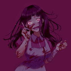 Rule 34 | 1girl, absurdres, apron, blood, blood on clothes, blood on face, blood on hands, breasts, brown hair, collared shirt, commentary, cowboy shot, danganronpa (series), danganronpa 2: goodbye despair, dated, grey apron, highres, holding, holding syringe, large breasts, long hair, messy hair, pink background, pink eyes, pink shirt, puffy short sleeves, puffy sleeves, shirt, short sleeves, simple background, solo, symbol-only commentary, syringe, teeth, tsumiki mikan, yandere, yuli (dunn2342)