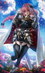Rule 34 | 1boy, astolfo (fate), boots, braid, cape, fang, fate/apocrypha, fate/grand order, fate (series), field, flower, flower field, looking at viewer, petals, pink hair, purple eyes, ribbon, sakimichan, sky, smile, sword, thighhighs, thighs, trap, weapon