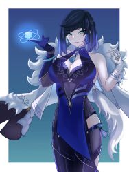 Rule 34 | 1girl, absurdres, asymmetrical gloves, bare shoulders, black hair, black pants, blue dress, blue gloves, blue hair, blunt bangs, bob cut, breasts, cleavage, commentary, cowboy shot, dice, dress, genshin impact, gloves, gradient hair, green eyes, grin, hands up, highres, large breasts, leggings, looking at viewer, mismatched gloves, multicolored hair, pants, parted lips, short hair, sleeveless, sleeveless dress, smile, solo, standing, white gloves, yelan (genshin impact), yuura (yuura ephyra)