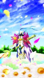 Rule 34 | armor, bloomlordmon, cape, digimon, flower, highres, knight, lance, petals, polearm, weapon