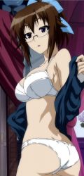 Rule 34 | 1girl, ass, bare shoulders, bow, bra, breasts, brown hair, cleavage, female focus, flower, glasses, hair bow, highres, kikaijima mogana, lingerie, looking back, medaka box, panties, purple eyes, screencap, solo, standing, stitched, third-party edit, underwear, underwear only, undressing, white bra, white panties