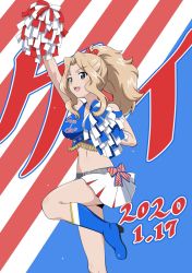 Rule 34 | 1girl, alternate costume, alternate hairstyle, american flag, arm up, belt, blonde hair, blue eyes, blue footwear, blue shirt, boots, bow, character name, cheerleader, commentary, crop top, dated, flag background, fringe trim, girls und panzer, grey belt, hair bow, hair intakes, hair up, high heel boots, high heels, highres, holding, holding pom poms, kay (girls und panzer), leg up, long hair, midriff, miniskirt, nao (nao puku777), open mouth, pleated skirt, pom pom (cheerleading), pom poms, ponytail, red bow, shirt, skirt, smile, solo, standing, standing on one leg, sweat, text background, white skirt