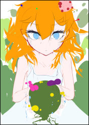 Rule 34 | 1girl, bare shoulders, black border, border, bouquet, child, closed mouth, cluseller, collarbone, crying, dress, female focus, flat chest, flower, green background, hair flower, hair ornament, hands up, highres, holding, holding flower, long hair, looking at viewer, messy hair, orange hair, original, red flower, sad, sketch, sleeveless, sleeveless dress, solo, spaghetti strap, standing, tears, upper body, v-shaped eyebrows, white dress