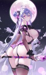 Rule 34 | 1girl, absurdres, ahoge, ass, breasts, choyeon, curvy, garter straps, hair bun, hair ribbon, highres, large breasts, long hair, looking at viewer, looking back, moon, night, night sky, original, purple eyes, ribbon, single hair bun, skindentation, sky, solo, thick thighs, thighhighs, thighs