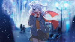 Rule 34 | 1girl, blue eyes, blue hair, blurry, blurry background, coat, commentary, covered mouth, gawr gura, highres, hololive, hololive english, lamppost, long hair, long sleeves, looking at viewer, multicolored hair, outdoors, pleated skirt, red scarf, savi (byakushimc), scarf, silhouette, skirt, snowing, solo, two-tone hair, two side up, virtual youtuber, white hair, winter clothes