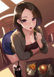 Rule 34 | 1girl, ass, breasts, brown hair, burger, chair, cleavage, collarbone, commentary request, denim, denim skirt, drink, earrings, eating, food, french fries, from above, highres, jacket, jewelry, kagematsuri, open mouth, original, parted bangs, short hair, skirt, solo, stud earrings