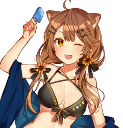 Rule 34 | 1girl, :3, ahoge, animal ear fluff, animal ears, arm up, bare shoulders, bikini, black bikini, blush, breasts, brown hair, cleavage, fang, flower, food, hair flower, hair ornament, hairclip, highres, holding, holding food, holding popsicle, lion ears, long hair, looking at viewer, low twintails, one eye closed, open mouth, orange eyes, popsicle, re:act, sawamaru 0528, shawl, shishigami leona, simple background, small breasts, smile, solo, swimsuit, twintails, upper body, virtual youtuber, white background