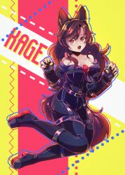Rule 34 | 1girl, absurdres, animal ear fluff, animal ears, bare shoulders, belt, belt buckle, black bodysuit, bodysuit, boots, breasts, brooch, brown hair, buckle, claws, cleavage, collarbone, dungeon toaster, fang, fingerless gloves, gloves, highres, imaizumi kagerou, jewelry, large breasts, long hair, looking at viewer, open mouth, red eyes, rock &#039;n&#039; rock &#039;n&#039; beat, tail, touhou, wolf ears, wolf tail