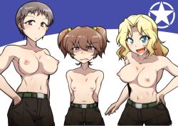 Rule 34 | alisa (girls und panzer), blonde hair, blue eyes, blush, breasts, brown eyes, brown hair, freckles, girls und panzer, groin, hair ornament, kay (girls und panzer), large breasts, looking at viewer, midori niku, naomi (girls und panzer), navel, nipples, no bra, open mouth, short hair, small breasts, smile, star (symbol), star hair ornament, sweat, topless, twintails