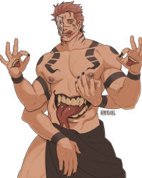 Rule 34 | 1boy, absurdres, arm tattoo, artist name, bara, black nails, black skirt, blood on mouth, chest tattoo, collarbone, commentary, cowboy shot, dilfborne (ventiskull), double ok sign, earrings, extra arms, extra eyes, extra mouth, eyebrow piercing, facial tattoo, hand on own crotch, hands up, highres, jewelry, jujutsu kaisen, large pectorals, licking lips, male focus, mask, mask on head, mouth piercing, muscular, muscular male, nail polish, neck tattoo, nipple piercing, nipples, ok sign, pectorals, piercing, piercing pull, ryoumen sukuna (jujutsu kaisen), ryoumen sukuna (true form) (jujutsu kaisen), sharp teeth, short hair, shoulder tattoo, skirt, smile, solo, standing, stomach, stud earrings, symbol-only commentary, tattoo, teeth, thick arms, tongue, tongue out, tongue piercing, topless, topless male, veins, veiny arms, white background