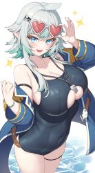 Rule 34 | 1girl, ahoge, bare legs, bare shoulders, belt, black one-piece swimsuit, blue eyes, blush, breasts, cleavage, cleavage cutout, clothing cutout, commentary, commission, covered navel, dated commentary, ear piercing, elf, eyewear on head, hair ornament, hairclip, heart, heart-shaped eyewear, highres, hop3, jacket, large breasts, looking at viewer, multicolored hair, nail polish, one-piece swimsuit, open mouth, original, piercing, pointy ears, short hair with long locks, silver hair, skindentation, skull, skull hair ornament, smile, sparkle, standing, streaked hair, sunglasses, swimsuit, swimsuit under clothes, thigh strap, thighs, underboob, underboob cutout, wading, water, whistle