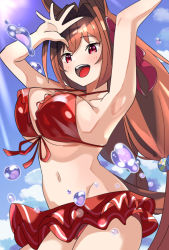 Rule 34 | 1girl, :d, alternate hairstyle, animal ears, armpits, bikini, bikini skirt, blue sky, blush, bouncing breasts, bow, breasts, brown hair, cloud, collarbone, daiwa scarlet (trifle vacation) (umamusume), daiwa scarlet (umamusume), day, frilled bikini, frills, hair bobbles, hair bow, hair ornament, horse ears, horse girl, horse tail, long hair, low tied hair, midriff, mitche, navel, official alternate costume, open mouth, outdoors, red bikini, red bow, red eyes, sky, smile, solo, splashing, swimsuit, tail, umamusume, very long hair, water