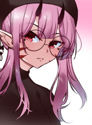 Rule 34 | 1girl, closed mouth, commission, facial mark, glasses, highres, horns, long hair, looking at viewer, original, pink hair, pointy ears, pon fresh, round eyewear, solo, upper body