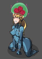 Rule 34 | 1girl, absurdres, angry, biting, blonde hair, blue bodysuit, bodysuit, breasts, clenched teeth, collarbone, covered erect nipples, covered navel, creature, creature on head, cuffs, energy, full body, grey background, hair tie, half-closed eyes, handcuffs, head biting, highres, impossible bodysuit, impossible clothes, kneeling, long hair, looking away, medium breasts, metroid, metroid: samus returns, metroid (creature), nintendo, no shoes, perky breasts, pink eyes, ponytail, puffy nipples, ribs, samus aran, shadow, sidelocks, signature, simple background, skin tight, swept bangs, tearing up, tears, teeth, thick thighs, thighs, trembling, turtleneck, v-shaped eyebrows, verymediocre, zero suit