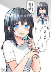 Rule 34 | +++, 1girl, :d, ^ ^, black hair, blue eyes, blue hair, blue sailor collar, blush, breasts, closed eyes, commentary request, cropped torso, facing viewer, flying sweatdrops, food, food on face, fork, grey background, grey shirt, grin, hair between eyes, hands up, highres, holding, holding fork, kurata rine, long hair, looking at viewer, multiple views, open mouth, original, sailor collar, shirt, short sleeves, signature, small breasts, smile, translation request, two-tone background, upper body, white background, white shirt