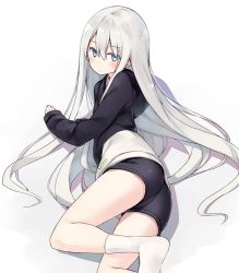 Rule 34 | 1girl, arm support, ass, blue eyes, expressionless, hair between eyes, hood, hoodie, legs, long hair, looking at viewer, lying, on side, original, poco (asahi age), short shorts, shorts, silver hair, socks, solo, very long hair, white background