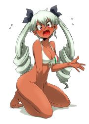 Rule 34 | 1girl, anchovy (girls und panzer), aono3, between legs, bikini, black ribbon, blush, bottomless, breasts, cleavage, commentary, dark-skinned female, dark skin, drill hair, embarrassed, female focus, flag print, flying sweatdrops, front-tie bikini top, front-tie top, frown, full body, girls und panzer, green hair, hair ribbon, hand between legs, italian flag, italian flag bikini, kneeling, legs, long hair, looking at viewer, medium breasts, open mouth, print bikini, red eyes, ribbon, shadow, simple background, solo, swimsuit, tan, thighs, twin drills, twintails, v-shaped eyebrows, white background, white bikini, wide-eyed