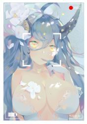 Rule 34 | 1girl, ahoge, bare shoulders, blue hair, breasts, cleavage, elbow gloves, finger to mouth, flower, gloves, hair between eyes, hair flower, hair ornament, heart, heart-shaped pupils, highres, horns, iron saga, large breasts, long hair, looking at viewer, recording, single horn, solo, symbol-shaped pupils, t lege d, upper body, viewfinder, white gloves, wynonna (iron saga), yellow eyes