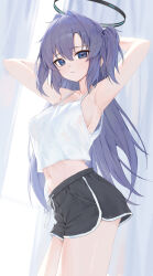 Rule 34 | 1girl, armpits, arms behind head, black shorts, blue archive, blush, breasts, camisole, closed mouth, cowboy shot, dolphin shorts, gnns, hair between eyes, halo, large breasts, long hair, looking at viewer, mechanical halo, navel, purple eyes, purple hair, revision, shorts, solo, spaghetti strap, white camisole, yuuka (blue archive)