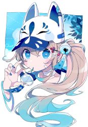 Rule 34 | + +, 1girl, animal ears, animal hat, bandaid, baseball cap, bell, blue eyes, blue hair, blue nails, brown hair, chon (chon33v), collarbone, commentary request, egasumi, fake animal ears, fox ears, fox hat, gradient hair, hair bell, hair between eyes, hair ornament, hand up, hat, high collar, highres, jingle bell, long hair, looking at viewer, mouth hold, multicolored hair, nail polish, original, portrait, side ponytail, signature, solo, very long hair, white background, white hat, wind chime