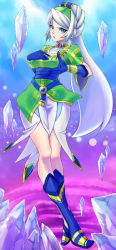 Rule 34 | 1girl, avril vent fleur, belt, blue background, blue eyes, blue footwear, boots, crossed legs, dress, full body, gloves, gradient background, hairband, headdress, highres, ice, knee boots, long hair, nyantiu, purple background, solo, standing, white hair, wild arms, wild arms 5