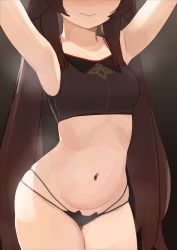 Rule 34 | 1girl, absurdres, armpits, arms up, bare shoulders, black panties, black sports bra, blush, breasts, brown hair, closed mouth, genshin impact, highres, hu tao (genshin impact), long hair, navel, out of frame, panties, small breasts, solo, sports bra, suwangar, thighs, twintails, underwear, very long hair