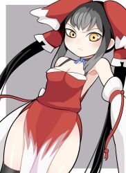 Rule 34 | 1girl, armpits, black choker, black hair, black thighhighs, blush, bow, breasts, choker, cleavage, closed mouth, commentary request, cookie (touhou), detached sleeves, dress, dutch angle, feet out of frame, frown, grey background, grey hair, hair bow, hakurei reimu, hospital king, long hair, looking at viewer, medium breasts, multicolored hair, red bow, red dress, shiny skin, side slit, sidelocks, sleeveless, sleeveless dress, solo, thighhighs, touhou, two-tone background, very long hair, white background, white sleeves, yellow eyes, yuyusu (cookie)