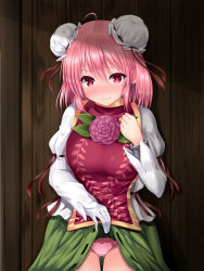 Rule 34 | 1girl, ahoge, bandaged hand, bandages, blush, breasts, bun cover, chinese clothes, clenched hand, closed mouth, clothes lift, cowboy shot, crying, cuffs, double bun, eyebrows, flower, frills, gluteal fold, green skirt, hair between eyes, hair bun, highres, ibaraki kasen, lifting own clothes, long sleeves, looking at viewer, panties, pink hair, pink panties, purple flower, red eyes, red ribbon, ribbon, ribbon-trimmed skirt, ribbon trim, shackles, short hair, skirt, skirt lift, solo, tabard, tears, touhou, turtleneck, u2 (5798239), underwear, wavy mouth, wooden wall