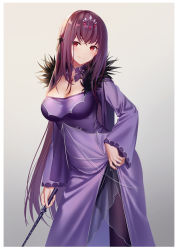 Rule 34 | 1girl, blush, border, breasts, cleavage, closed mouth, commentary request, contrapposto, cowboy shot, detached collar, dress, fate/grand order, fate (series), fur-trimmed dress, fur trim, gem, gradient background, grey background, hair ornament, head tilt, highres, holding, littleamber, long hair, long sleeves, looking at viewer, medium breasts, pantyhose, pointer, purple background, purple dress, purple hair, red eyes, scathach (fate), scathach skadi (fate), smile, solo, very long hair, white border