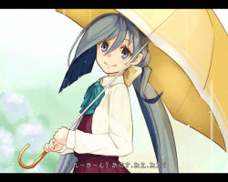 Rule 34 | 10s, 1girl, ashiya hiro, blouse, blue hair, bow, bowtie, commentary request, dress, flower, grey hair, hair between eyes, hair bow, holding, holding umbrella, hydrangea, kantai collection, kiyoshimo (kancolle), letterboxed, long hair, long sleeves, looking at viewer, low twintails, multicolored hair, ponytail, purple eyes, rain, shirt, sleeveless, sleeveless dress, smile, solo, translation request, twintails, umbrella, upper body, very long hair, white shirt