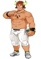 Rule 34 | 1boy, american football, american football helmet, animal ears, bara, bare pectorals, brown eyes, brown hair, closed mouth, cow boy, cow ears, cow horns, dark-skinned male, dark skin, facepaint, facial hair, feather necklace, fiery horns, forked eyebrows, full body, goatee, helmet, horns, jewelry, knee pads, kuro nezumi inu, large pectorals, male focus, muscular, muscular male, native american, necklace, nipples, official art, pectorals, pointing, pointing at self, shoes, short hair, sneakers, socks, solo, standing, tachi-e, thick eyebrows, thighs, tokyo houkago summoners, topless male, transparent background, wakan tanka, wristband