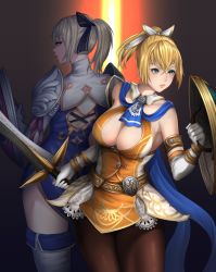Rule 34 | absurdres, armor, black background, blonde hair, breasts, cassandra alexandra, cleavage, cleavage cutout, clothing cutout, commentary, crossed bangs, dress, elbow gloves, gloves, green eyes, highres, kurone rinka, large breasts, legs together, namco, pantyhose, red background, revision, shield, short hair, soul calibur, sword, thighhighs, thighs, weapon, yellow background