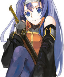 Rule 34 | 1girl, bare shoulders, blue eyes, blue hair, blush, detached sleeves, female focus, fire emblem, fire emblem: path of radiance, fire emblem: radiant dawn, gloves, headband, long hair, matching hair/eyes, mia (fire emblem), nintendo, pupps, purple hair, simple background, smile, solo, sword, thighhighs, weapon, white background