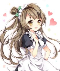 Rule 34 | 10s, 1girl, :d, apron, black ribbon, bow, brown hair, green bow, hair bow, hand on own hip, heart, index finger raised, long hair, love live!, love live! school idol project, maid, maid apron, maid headdress, minami kotori, neck ribbon, one side up, open mouth, pingo, ribbon, short sleeves, smile, solo, yellow eyes