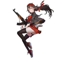 Rule 34 | 1girl, assault rifle, black hair, black thighhighs, breasts, brown eyes, brown hair, cancer (zjcconan), closed mouth, from side, full body, girls&#039; frontline, gun, hair between eyes, hair ornament, holding, holding gun, holding weapon, kalashnikov rifle, lips, long hair, looking at viewer, official alternate costume, official art, photoshop (medium), red ribbon, red skirt, ribbon, rifle, skirt, smile, solo, string, string of fate, thighhighs, thighs, transparent background, twintails, type 56-1 (girls&#039; frontline), type 56-1 (scarlet sage) (girls&#039; frontline), type 56 assault rifle, weapon