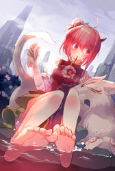 Rule 34 | 1girl, bandaged arm, bandages, barefoot, double bun, dress, dutch angle, feet, flower, foot focus, green skirt, horns, ibaraki kasen, looking to the side, miniskirt, mountain, mouth hold, partially submerged, pink eyes, pink flower, pink hair, pink rose, puffy short sleeves, puffy sleeves, rose, short hair, short sleeves, single horn, sitting, skirt, soaking feet, soles, solo, tabard, tight clothes, tight dress, toes, touhou, water, wet, yetworldview kaze