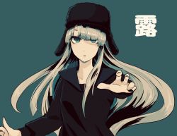 Rule 34 | 1girl, black hat, black shirt, blue background, blue eyes, blue hair, commentary request, domaso (sowdma2), floating hair, fur hat, hat, highres, long sleeves, looking at viewer, outstretched arm, outstretched hand, russian witch (the last onmyou), shirt, simple background, solo, the last onmyou, translation request, upper body, ushanka