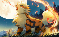 Rule 34 | arcanine, breath weapon, breathing fire, brown eyes, commentary request, creatures (company), fangs, fire, from below, game freak, gen 1 pokemon, grass, looking up, moon, night, nintendo, no humans, open mouth, outdoors, pokemon, pokemon (creature), sky, standing, starrytree, tongue