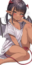 Rule 34 | 1girl, :3, arm between legs, black hair, blush, brown succubus-chan (trente), commentary request, dark-skinned female, dark skin, demon girl, demon horns, demon tail, ear piercing, half-closed eyes, head wings, highres, horns, loose clothes, mini wings, musical note, nail polish, naughty face, orange eyes, original, piercing, pink nails, pointy ears, red tail, shirt, simple background, sitting, smile, solo, tag, tail, trente, twitter username, uniqlo, white background, white shirt, wings