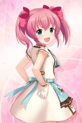 Rule 34 | alternative girls, apron, aqua eyes, blue apron, blush, bow, breasts, cowboy shot, dress, frilled apron, frills, gloves, hair bow, long hair, looking at viewer, looking back, mano sakurako, official art, open mouth, pink background, pink bow, pink hair, short sleeves, simple background, small breasts, smile, solo, standing, white dress, white gloves