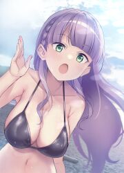 Rule 34 | 1girl, absurdres, bare shoulders, bikini, black bikini, blunt bangs, blush, breasts, cleavage, collarbone, commentary, green eyes, highres, long hair, looking at viewer, love live!, love live! superstar!!, medium breasts, midriff, navel, open mouth, outdoors, purple hair, solo, swimsuit, upper body, wien margarete, yamada taishi