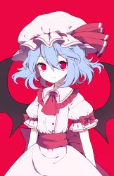 Rule 34 | 1girl, ascot, bat wings, bing zizi, blue hair, colored skin, commentary request, dress, frilled hat, frilled shirt collar, frilled sleeves, frills, hair between eyes, hat, hat ribbon, highres, looking at viewer, puffy short sleeves, puffy sleeves, red ascot, red background, red eyes, red ribbon, red sash, remilia scarlet, ribbon, sash, short hair, short sleeves, simple background, solo, touhou, upper body, white dress, white hat, white skin, wings