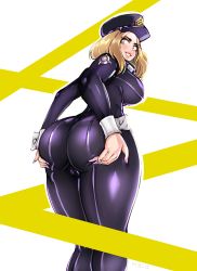 Rule 34 | 1girl, ass, ass grab, ass support, black bodysuit, blonde hair, bodysuit, boku no hero academia, breasts, cameltoe, cleft of venus, grabbing own ass, hat, highres, keigi, large breasts, looking back, medium hair, smile, solo, thick thighs, thighs, utsushimi kemii, wrist cuffs